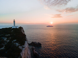aerial view of Lefkada island lighthouse at the cliff