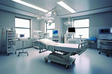 Modern Hospital Room with Natural Lighting, Delivery Bed, and Birthing/Operating Equipment in Light Blue and White Colors