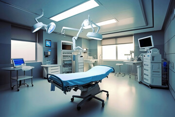 Fototapeta na wymiar Modern Hospital Room with Natural Lighting, Delivery Bed, and Birthing/Operating Equipment in Light Blue and White Colors