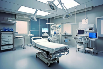 Modern Hospital Room with Natural Lighting, Delivery Bed, and Birthing/Operating Equipment in Light Blue and White Colors