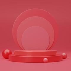 Red podium in a red room with three red balloons - 3D Illustration
