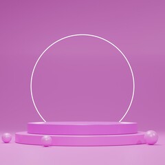 Pink podium in a pink room with three pink balloons - 3D Illustration