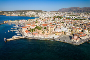 Fototapeta na wymiar Aerial view of the modern marina at the Venetian port of Chania, Crete, Greece