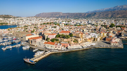 Naklejka na ściany i meble Aerial view of the modern marina at the Venetian port of Chania, Crete, Greece