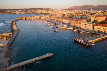 Fototapeta na wymiar Aerial view of the marina and harbour in Chania, Crete at dusk
