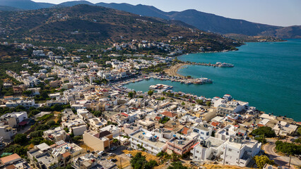 Aerial view of the harbour in the holiday town of Elounda on the Greek island of Crete