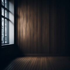 empty room, blank wall and brown wooden floor with interesting light reflections from the window. Interior background for presentation.