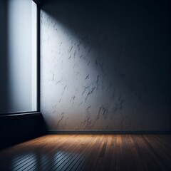empty room, blank wall and brown wooden floor with interesting light reflections from the window. Interior background for presentation.
