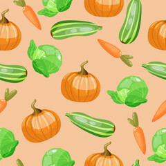 Seamless pattern on beige background with zzucchini, pumpkin and cabbage. Colourful handdrawn vector background.