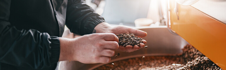 Male master checks the quality of roasting coffee beans on small factory. Close-up