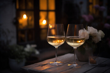 2 Glässer Weißwein bei romanischem Ambiente mit Kerzenschein. Generative Ai.