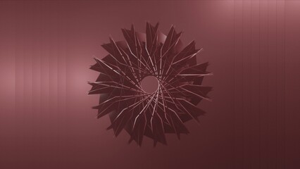 Obraz premium Illustration of abstract red art of surreal 3d background with moving blades in a spiral pattern with a hole in the center. 3D abstract motion graphics.