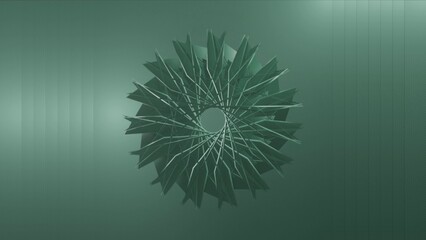 Illustration of abstract green art of surreal 3d background with moving blades in a spiral pattern with a hole in the center. 3D abstract motion graphics.