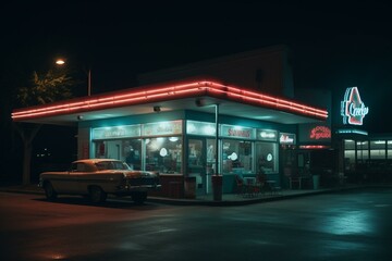 Fototapeta na wymiar Neon-lit American roadside burger cafe with cozy vibes. Generative AI