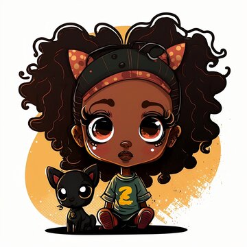 Cute anime chibi black girl with cat ears with black cat 