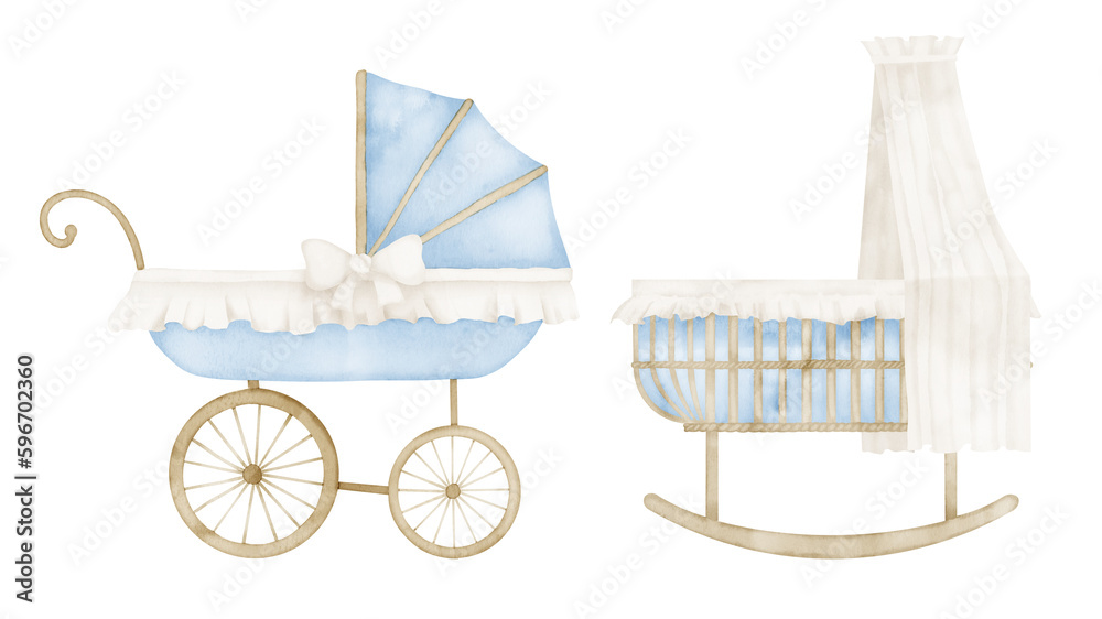 Wall mural baby pram and cradle. hand drawn watercolor illustration of stroller and crib on isolated background - Wall murals