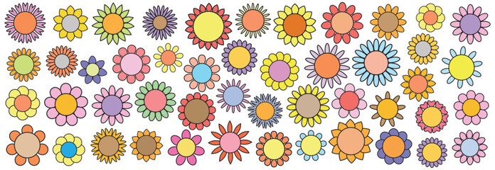 Colorful flowers vector set. Simple flower blossom icons in flat style.