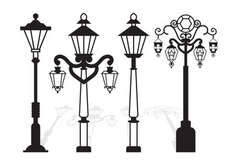 Street lamp vector set. laser cut Retro street light pillars and lantern poles