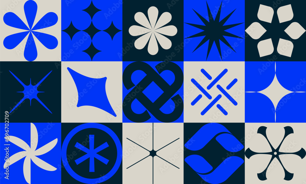 Fototapete Abstract geometric aesthetics of brutalism design vector cover made with different figures and simple shapes, flat color vector pattern composition, useful for poster art, website design