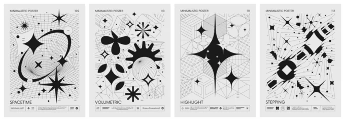 Gardinen Futuristic retro vector minimalistic Posters with 3d strange wireframes form graphic of geometrical shapes modern design inspired by brutalism and silhouette basic figures, set 28 © max_776