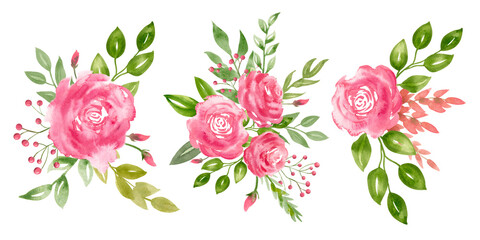 Watercolor Rose Flowers. Hand drawn floral set of pink bouquet with green leaves on isolated background. Botanical illustration for greeting cards or wedding invitations. Spring composition.