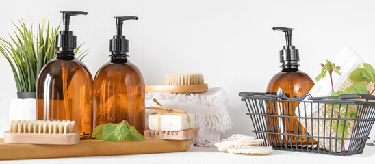 Banner Natural medicine, organic cosmetics, cosmetic product research, organic skin care products. Top view, flat lay. Skin care concept. Dermatology.