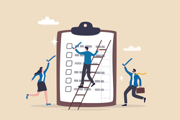 Finishing todo list, work checklist or accomplishment, project management, teamwork to get work done, complete plan concept, businessman coworkers help put checkmark on checkbox task list clipboard.