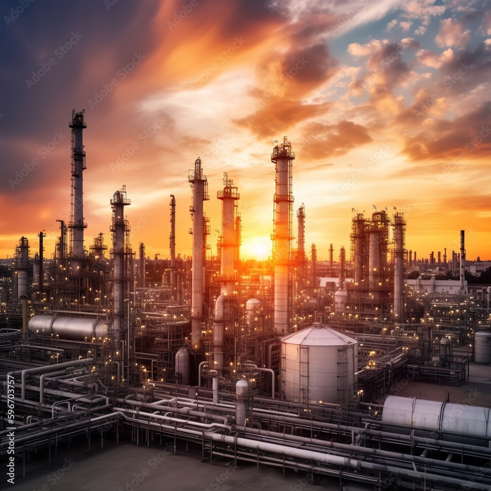 Wall mural Oil and gas refinery plant or petrochemical industry on sky sunset background. generative ai