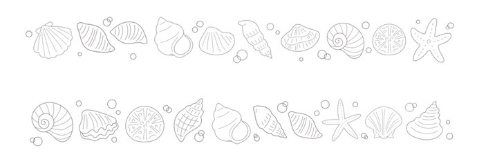 貝がらやヒトデの手書き線画の飾り罫／単色