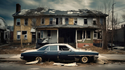 Abandoned car in the yard near the house. Generative AI