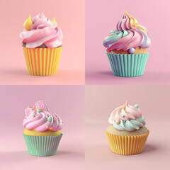 Set of cupcakes with cream, pastel color, tasty objects