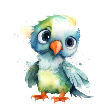 Watercolor cute baby cartoon parrot.Illustration of tropical birds.Isolated illustrations on a white background.Generative AI