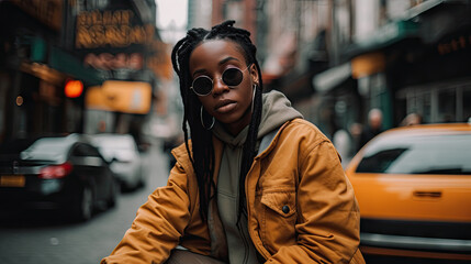Fototapeta premium Fashionable Young African Woman in City Streets Generative AI Photo