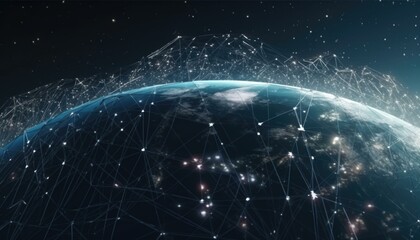 Dynamic 3D Tech Globe Illustrating Global Connectivity. Contemporary Business and Technological Advancements. Satellite-based Internet Connectivity. AI Integration.