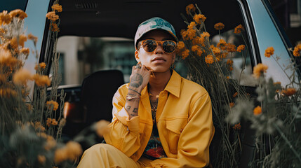 Young Latino Man Sitting in Car Next to Flowers, Model Fashion Generative AI Photo