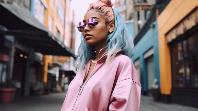 Candid Street Photo of Young Black Woman in Pastel Colors Pink Sweater Generative AI Photo