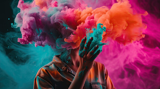 Person Engulfed In Neon Colored Chalk Smoke Cloud Abstract Background Generative AI Photo