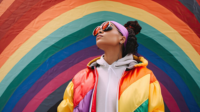 Young African Woman Celebrating Pride in Front of Rainbow Mural Generative AI Photo