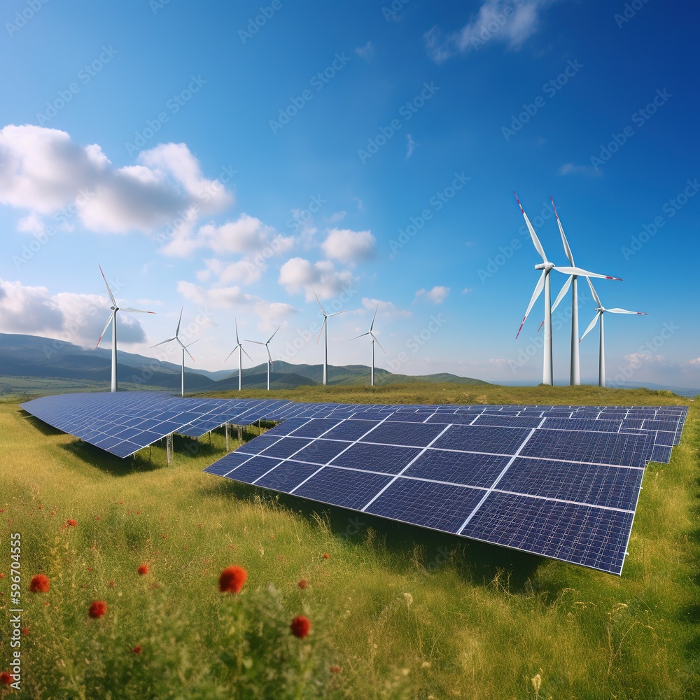 Wall mural Solar energy panel photovoltaic cell and wind turbine farm power generator in nature landscape for renewable green energy production is an environmentally friendly industry. generative ai