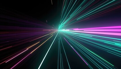 Swift racing lines representing traffic. Luminous neon beams depicting hyperspace journeys in a time-travel setting. AI digital visuals featuring electrifying, dynamic trails against a dark background