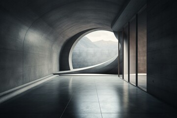 Sleek architecture on contemporary concrete backdrop with arch tunnel. 3D render & copy space. Keywords: minimalism, modern, elegant, abstract, structures, tunnel, magazine, wallpaper,. Generative AI