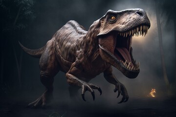 3D rendering of a T-Rex attack on a dark background. Generative AI