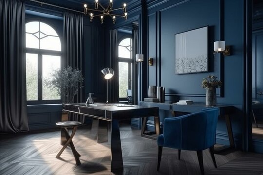 Stylish blue home office with luxury feel, rendered in 3D. Generative AI