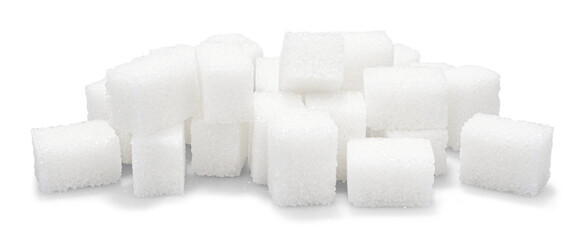 Heap of refined sugar cubes on transparent background