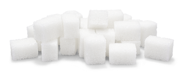 Heap of refined sugar cubes on transparent background