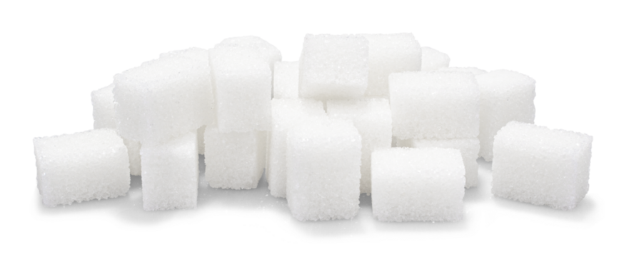 Heap of refined sugar cubes on transparent background