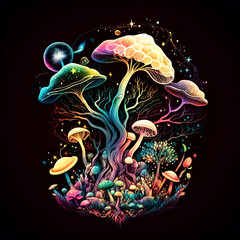 Magic mushroom tree, universe, black background, created with Generative Al technology