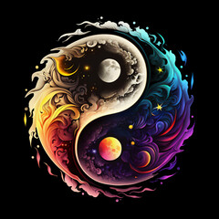 Yin yang symbol with sun and moon, isolated, black backgroundcreated with Generative Al technology