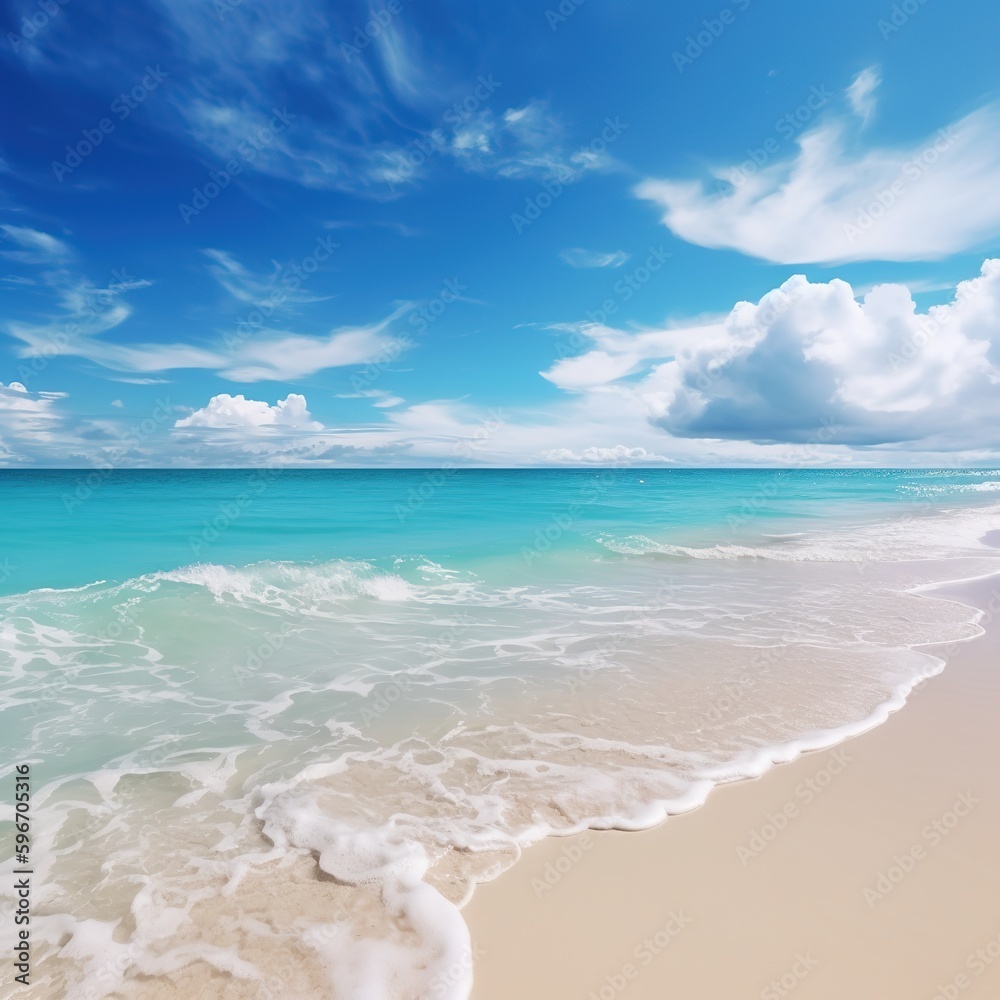 Poster Beach vacation. Beautiful beach with white sand, turquoise ocean water, and a blue sky with clouds on a sunny day. generative ai