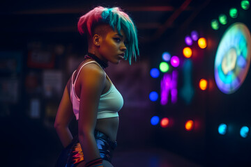 Dark-skinned black girl with colored hair in a neon light multi-colored glow in the art space of the club. Generative AI.